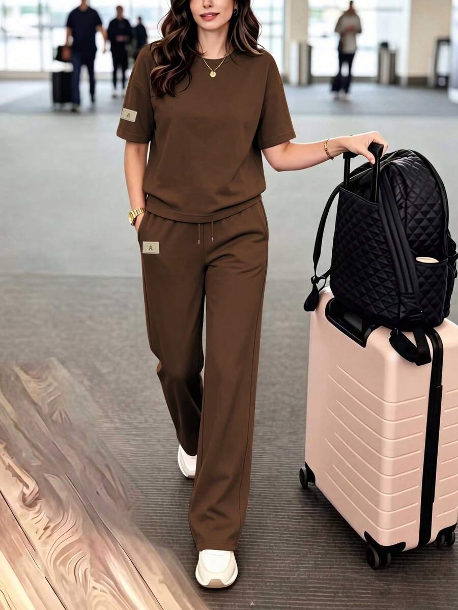 Women's Casual 2 Pieces Set, Round Neck T-Shirt With Long Slightly Elastic Pants, Comfortable Loungewear Set With Pockets Elegant Summer - Khaki - View 1