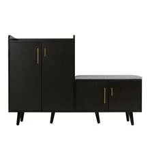 Modern Shoe Bench With Wood Grain, Storage Cabinet, Four Storage Doors, Asymmetric Metal Handles, - 黑胡桃木 - 查看 3