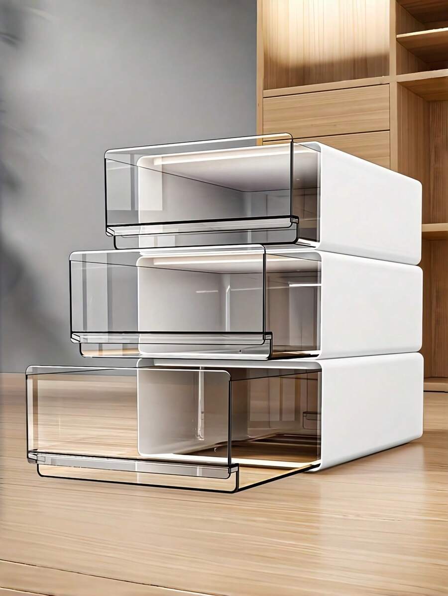 1 pieza Caja de almacenamiento de escritorio de plástico apilable de gran capacidad, rectangular minimalista de color blanco puro con cajón transparente, organizador de artículos de papelería para estudiantes, organizador de escritorio para la vuelta a la escuela - Blanco - Ver 1