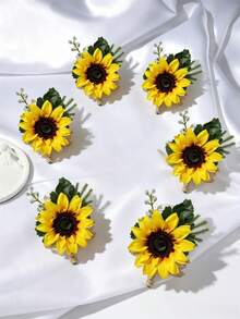 1 pieza/6 piezas Girasol amarillo con follaje artificial estilo Mori elegante, corsage adecuado para novio, novia, padrino, dama de honor, padre, madre, suegro, suegra, decoración de boda, aniversario, fiesta de noche, evento de baile - Multicolor - Ver 4