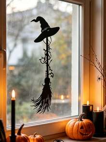 1pc Halloween Wall Sticker, Witch Hat & Broom Metal Decal, Black Halloween Window Sticker, Halloween Party Decor, Halloween Room Decoration, Trick Or Treat, Happy Halloween Decoration, Halloween Party Supplies, Halloween Outdoor Decor, Halloween Window Display Decor, Halloween Scary Scene Decor, Haunted House Decor, Day Of The Dead Decor, Halloween Photo Props, Halloween Home Decor, Halloween Gift, Party Favors, Christmas, 2027 New Year - Witch - View 3