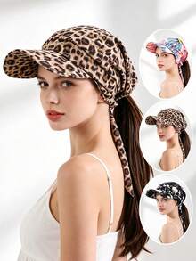 1pc Leopard Print Floral Tie-Up Bucket Hat, Suitable For Travel, Vacation, Daily Wear, Sun Protection, Multiple Colors Available - Sun Hat With Scarf - View 1