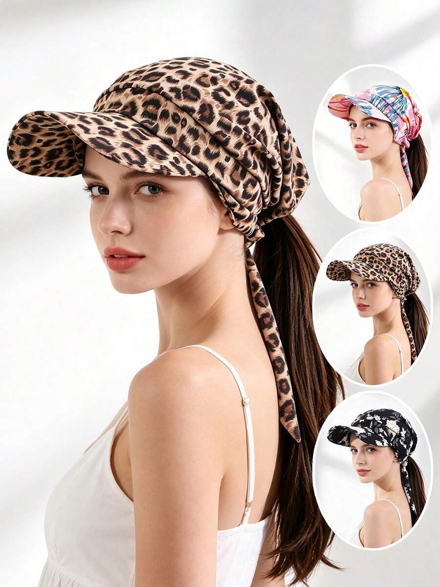 1pc Leopard Print Floral Tie-Up Bucket Hat, Suitable For Travel, Vacation, Daily Wear, Sun Protection, Multiple Colors Available - Sun Hat With Scarf - View 1