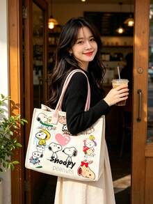 1 Peça Bolsa de Ombro Snoopy, Bolsa de Mão Multifuncional de Grande Capacidade com Estampa de Anime de Desenho Animado, Adequada para Compras, Escola, Armazenamento de Viagem, Também como Presente de Aniversário, Dia dos Namorados, Festa, Suprimentos de Volta às Aulas - A - Visão 2