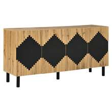 Modern Sideboard With 2 Doors - Shelf Unit With Drawers - Ribbed Pattern - Wood And Black - - Black and Natural - View 11