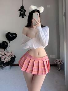 1套（毛衣*1 + 迷你裙*1）學生JK格紋超短裙低領毛衣套裝百褶裙Cosplay - 白色 - 查看 5