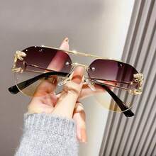 Women's New Oval Lens Fashion Glasses, Metal Leopard Print Decorated Temple, Retro Minimalist Design, Suitable For Summer Beach Vacation, Outdoor Activities, Travel, Leopard Print Retro Style Oversized Aviator Frame, Suitable For Outfits, Back To School Season - Gradient Gray - View 8
