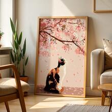 1pc Japanese Style Wall Arts Cherry Blossom Posters Cat Canvas Prints Spring Theme Wall Decor Canvas Art Print For Living,Living Room Decor - A - View 2
