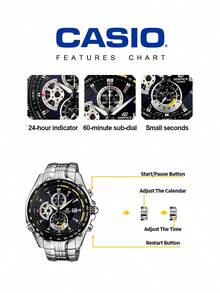 Casio EF-543D-2AVDF 男士運動商務腕錶，類比計時碼錶，夜光指針，1/20秒秒錶，防水，適合日常工作 - 銀色 - 查看 5