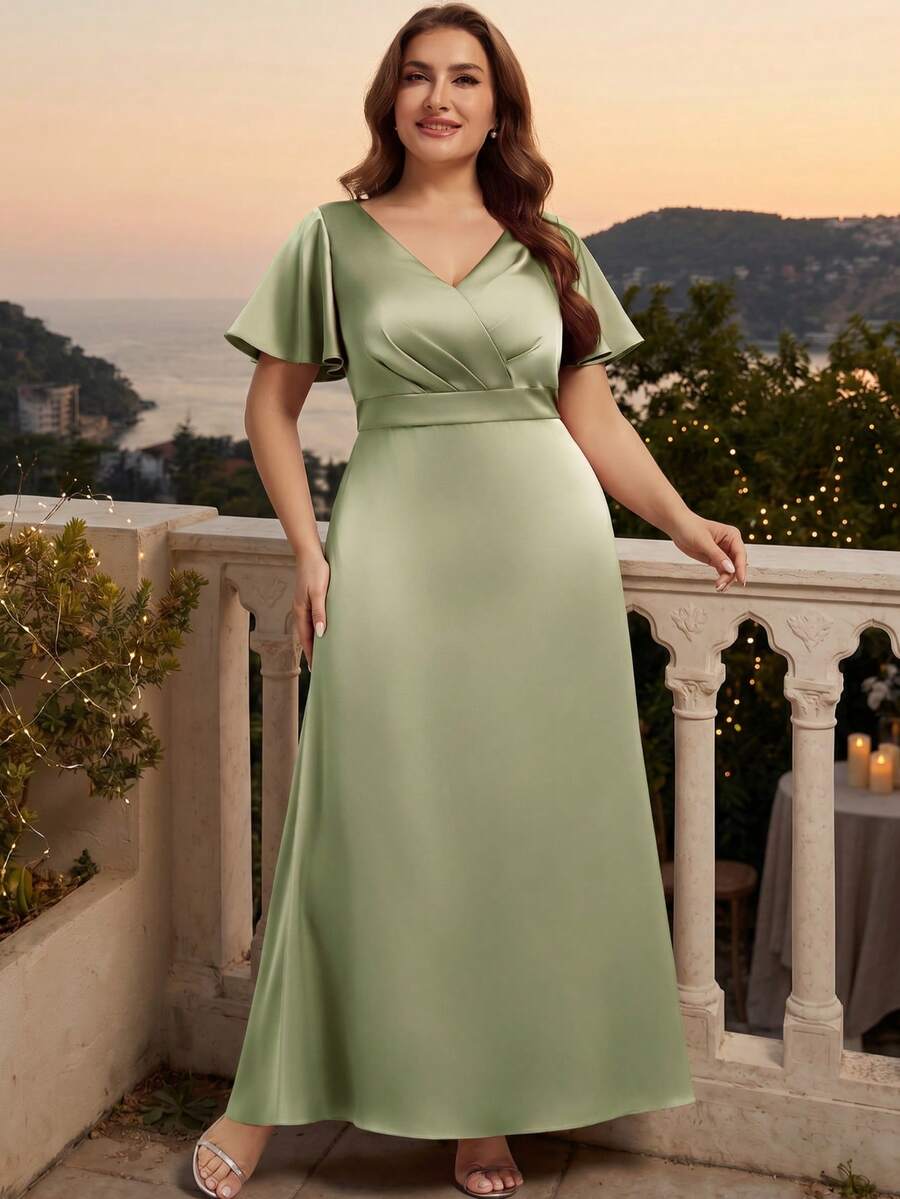 EVERPRETTY Gaun Malam Maxi Satin Hijau Sage Ukuran Plus Elegan dengan Leher V dan Lengan Berkerut, Cocok untuk Tamu Pernikahan di Taman. - Mint Green - View 1