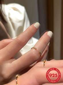 1pc S925 Sterling Silver Minimalist Plain Band Open Ring With Rhinestones, Korean Ins Cold Style, Fashionable Unique Niche Design, Adjustable Line Joint Ring, Sweet Fresh Versatile Elegant, Stackable Delicate Small Index Finger Ring, Pinky Ring - Diamond - View 10