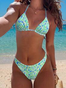 Sultry Sol Women's Floral Print Bikini Swimsuit & Beach Outfit, Yellow Plaid Pattern, Summer Vacation Set - Blue - View 2