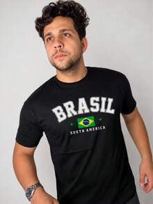 Men's T-Shirt Brazil Print Brazil Summer Spring / Autumn Loose - 黑色 - 查看 1