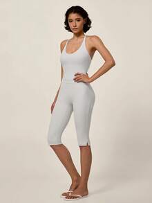TimeOff Jumpsuit Wanita Satu Potong Warna Polos Model U-Neck Halter Tanpa Punggung dengan Tali Bahu yang Dapat Diatur dan Belahan Samping, Model Atletik Panjang Sedang - Grey - View 8