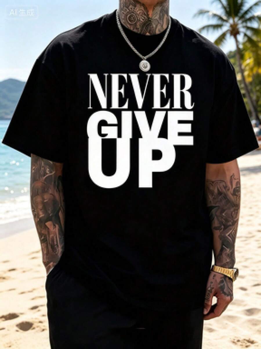Men"Never Give Up"Pattern T Shirt - Cotton Fabric,Soft And Comfortable,Red Bold Black Letter Print,Casual Summer Outdoor T Shirt,The Perfect Gift For - 黑色 - 查看 1