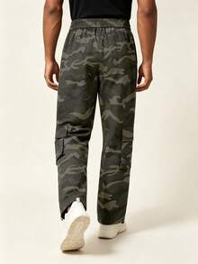 AHTELB Men's Spring/Autumn Camouflage Print Multi-Pocket Cargo Pants, Elastic Waist Drawstring Design, Adjustable Cuffed Hem Casual Pants Sports - Army Green - View 2