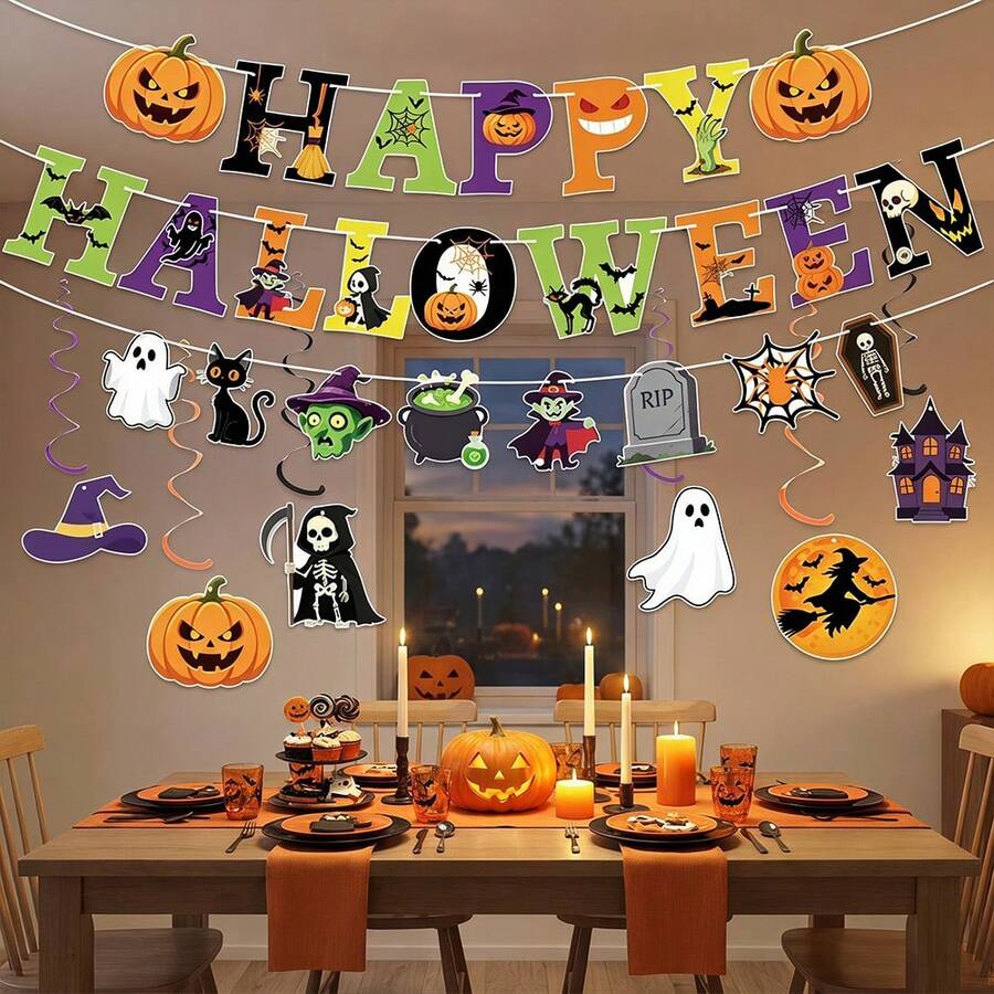 1 Set Halloween Theme Party Decoration Pumpkin Bunting Banner Spiral Card Decor, DIY Party Decoration (Fixed Rope 196.85inch*3) - A - View 1
