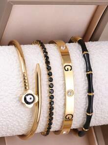 4pcs/1pc Stackable Gold Tone Bracelet Set, Evil Eye Open Bangle, Tennis Chain, Spiral Pattern Stainless Steel Bangle Bamboo Bead Br - Yellow Gold - View 13