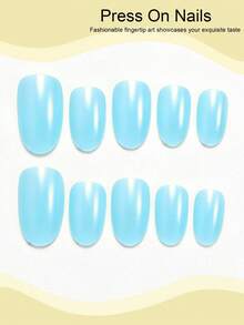 24pcs Oval Shape Press-On Nails, Fresh Fashion Blue-Green Pearlescent Design, Minimalist Elegant Teal Pearl Luster Short Nails, Includes 1 Sheet Jelly Glue And 1 Nail File (Jelly Glue Randomly Shipped), Suitable For Women And Girls For Daily, Dating, Party And Other Occasions - Cadet Blue - View 3