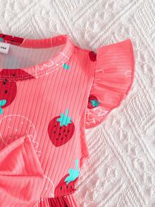 2 piezas/Set Bebé Cuello Redondo Manga Volante Estampado de Mariposa & unicolor Punto Acanalado Minimalista Lindo Primavera/Verano - Rosado Sandía - Ver 8
