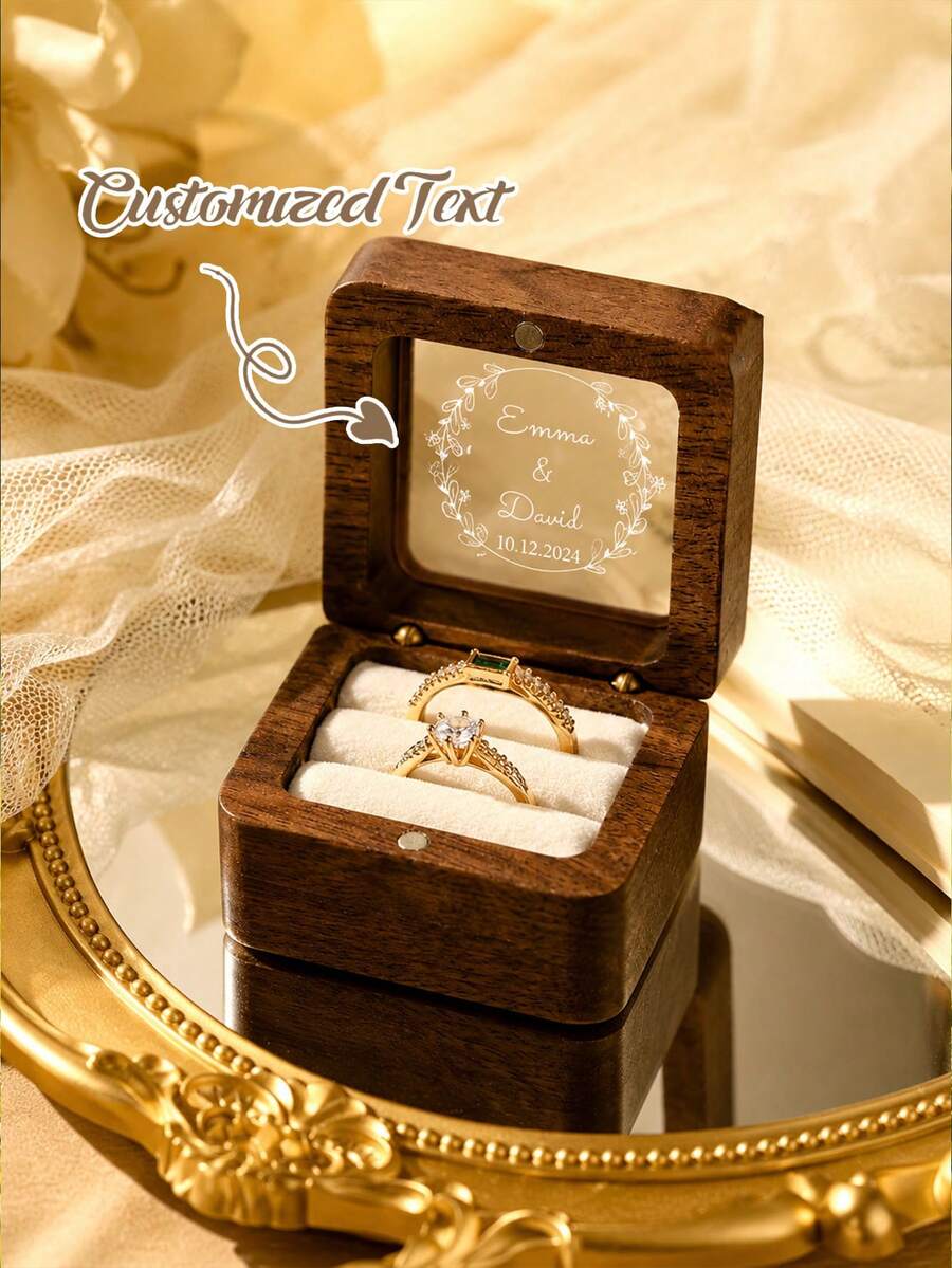 Personalized Wedding Ring Box, Personalized Wooden Ring Box, Wooden Double Ring Box, Customized Ring Box, Ring Storage Box, Personalized Wedding Ceremony Ring Box, Suitable For Proposal, Engagement, Wedding, Anniversary Gifts - Multicolor - View 1