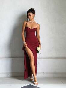 Women's Summer Red Cowl Neck Spaghetti Strap Slit Dress, Birthday Holiday Party Beach - Burgundy - View 5