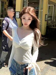 2-In-1 Knot Design Striped Long Sleeve T-Shirt Contrast Color Knit Top Casual White - White - View 7