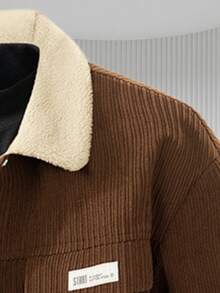 Coffee Vertical Striped Workwear Jacket, Relaxed Minimalist Style, Fur Collar Double Pocket Jacket, Loose Outerwear For Daily Outings For Men And Women - Coffee Brown - View 3