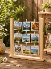 1 Set Vintage Wooden Photo Rack With Clips, Perfect For Family Photos; Ideal For Bedroom Bedside Table Or Desktop Decorations To Store Family Memories. - Wood Color - View 3