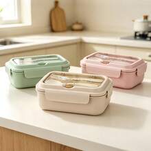 1 pieza Caja Bento con Utensilios, Caja de Almuerzo para Adultos Apta para Microondas, Contenedor de Almacenamiento de Alimentos de 3 Compartimentos, Bolsa de Almuerzo Bento Aislada, Caja de Almuerzo de Gran Capacidad a Prueba de Fugas - Multicolor - Ver 2