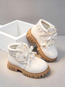 1 Pair Kids Fashion New Smooth PU Material Hook And Loop Design Easy To Wear Bow Decor Non-Slip Soft Durable Outdoor Girls Boots Suitable For School Outdoor Daily Wear School Shoes - Beige - View 4