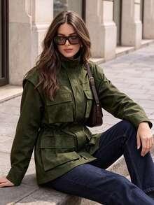 Women Fall Faux Suede Field Jacket, Stand Collar Drawstring Waist Multi‑Pocket Long Sleeve Utility Outerwear Coat - Army Green - View 6