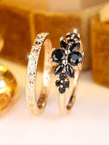 2Pcs Vintage Black Floral Stackable Rings Gothic Star Thin Band Set Golden Plated Rhinestone Finger Rings Jewelry For Women Party Evening Accessories - Black - View 3