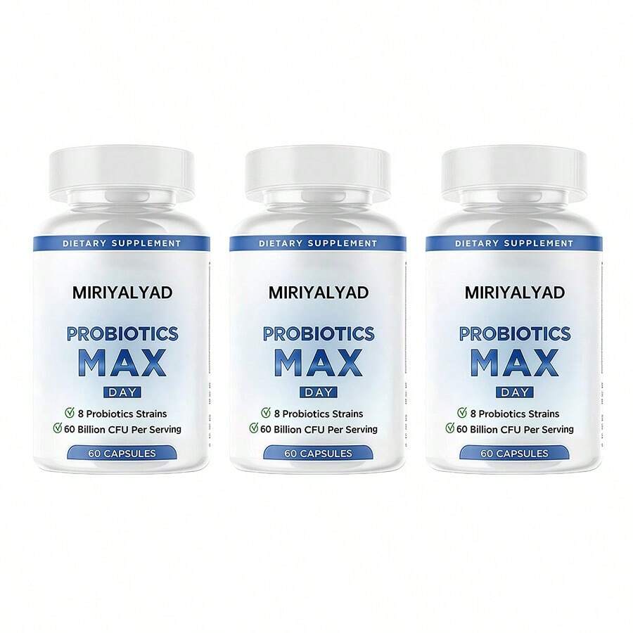 Miriyalyad Probiotics Max Day Dietary Supplement Capsules, 8 Probiotic Strains Alongside 60 Billion CFU Per Portion, 60 Capsules In Sealed Bottle For Adults' Daily Supplementary Nutritional Intake - 3件 - 查看 1