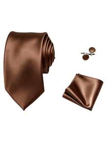 1 Set Dasi Satin Pria 8cm, Sapu Tangan Saku dan Manset, Cocok untuk Pertemuan Bisnis, Pesta Pernikahan, Set Dasi Pengantin Pria - Coffee Brown - View 2