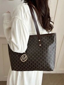 全印花肩背包、復古字母印花手提包、大容量肩背包、完美通勤腋下包、女士手提包 - 咖啡 - 查看 5