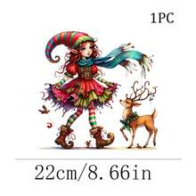 1/2/3pcs Watercolor Christmas Elf Girl Heat Transfer Sticker, Rainbow Striped Pointed Hat, Red-Green Gradient Christmas Dress, Colorful Striped Long Socks With Rolled Edge Boots, Paired With Tassel Long Scarf, Hanging Reindeer, Little Bird, Vintage Fairy Tale Style Christmas DIY Print, Suitable For T-Shirts, Sweatshirts, Canvas Bags - Multicolor - View 9