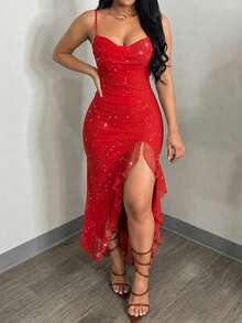 ChicMe Gaun Midi Wanita Berkilau dengan Kerah Model Cowl dan Belahan Samping, Tanpa Lengan, Tanpa Punggung, Model Bodycon untuk Pesta Malam - Merah - View 4