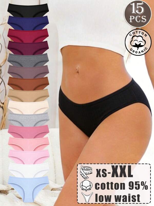 15 Pcs Of Women's 95% Cotton Multi-Color Simple And Comfortable Sports Style Light And Breathable Low Waisted Panties