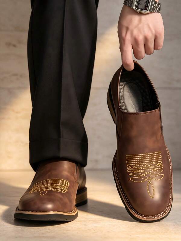 Vintage Distressed Embroidered Slip-On Men's PU Leather Shoes, Western Style Carved Low Heel Loafers, Aged Effect Wood Grain Square Heel Business Casual Shoes, Daily Commute, Retro Outfit, Photo Studio Versatile, Young And Middle-Aged Personalized Formal Leather Shoes, Multiple Sizes Available