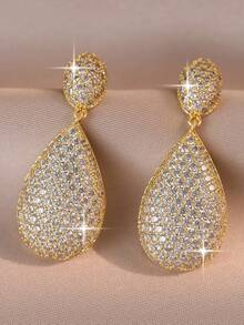 1 Pair Luxury Elegant Cubic Zirconia Water Drop Pendant Earrings, Fashionable Women's Jewelry, Suitable For Daily Wear, Party, Gift, Travel - Yellow Gold - View 10