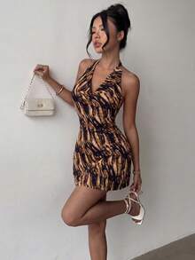 Brown Halter Neck Sleeveless Tie-Back Open Back Mini Dress, Summer Casual Fashion Style, Suitable For Festivals, Vacations, Beach, Outings Party - Brown - View 3