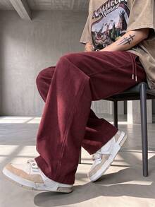 GRDR Men's Casual Elastic Waist Drawstring Loose Drapey Corduroy Wide Leg Long Pants - Burgundy - View 2
