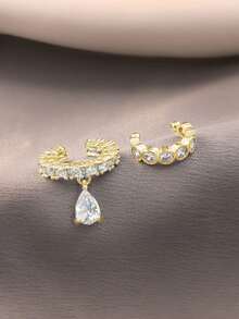 2pcs Double Layer Cubic Zirconia Water Drop Copper Ear Cuff, Suitable For Women's Daily And Party Wear - Gold - View 7