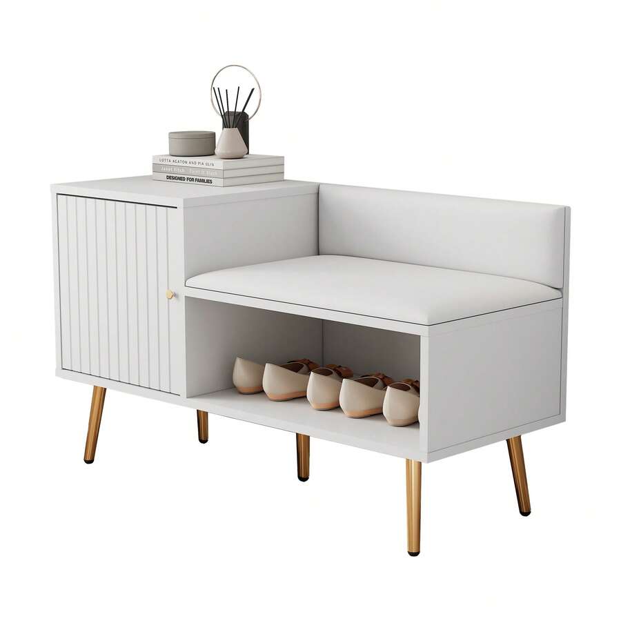 Modern White Shoe Storage Bench With Cushioned Seat And Backrest - Shoe Rack With Metal Handles And - 白色 - 查看 1