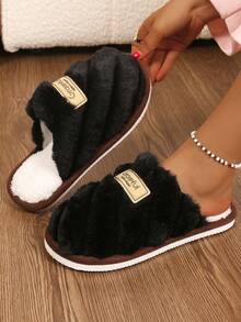 Women's Thick Striped Letter Plush Slippers, Winter Indoor Warm Slip-On House Shoes, Couple Shoes - Black - View 5