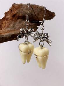 1 Pair Of 3D Resin Simulated Teeth-Shaped Pendant Bow Earrings For Women. Cute, Quirky, Fun, And Fashionable, Suitable For Everyday Wear Or As A Gift. - Multi-colored Teeth - View 6