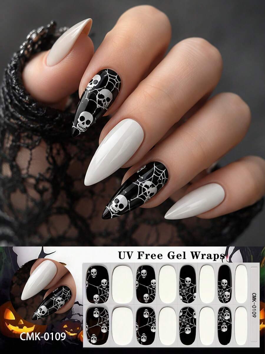 16 Peças Envoltórios de Unhas de Gel UV Free para Halloween, Adesivos de Unhas Autoadesivos com Brilho no Escuro de Desenhos Animados Divertidos, Qualidade de Salão, Fácil de Aplicar e Remover, Ideal para Manicures DIY de Mulheres em Festas de Halloween e Feriados - Preto - Visão 1
