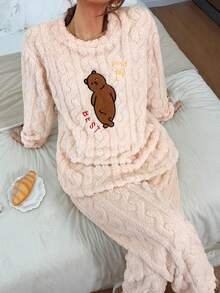 Dreamivo 2pcs/Set Women's Winter Bear Pattern Embroidered Thick Long Sleeve Long Pants Fleece Pajama Set - Apricot - View 5