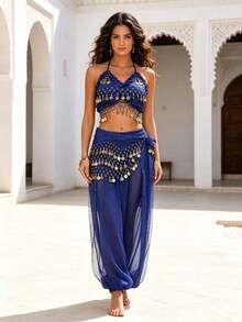 Belly Dance Tassel Coin Sequin Halter Neck Crop Top With Waist Scarf, Polka Dot Mesh Sheer Harem Pants, Suitable For Morocco Riad Vacation And Stage Performance - Multicolor - View 4